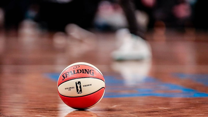 May 9, 2019; New York City, NY, USA; A general view of the game ball during the preseason WNBA game between the New York Liberty and the China National Team at Barclays Center.  Mandatory Credit: Vincent Carchietta-USA TODAY Sports