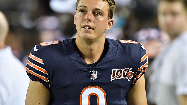Aug 8, 2019; Chicago, IL, USA; Chicago Bears kicker Elliott Fry (8) watches from the bench in the third quarter against the Carolina Panthers at Soldier Field. Mandatory Credit: Matt Cashore-USA TODAY Sports