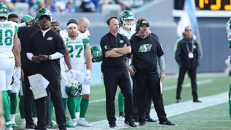 Sep 7, 2019; Winnipeg, Manitoba, CAN; Saskatchewan Roughriders head coach Craig Dickenson reacts to the play during the second half of the Canadian Football League game against the Winnipeg Blue Bombers at Investors Group Field. Winnipeg Blue Bombers win 35-10. Mandatory Credit: Bruce Fedyck-USA TODAY Sports