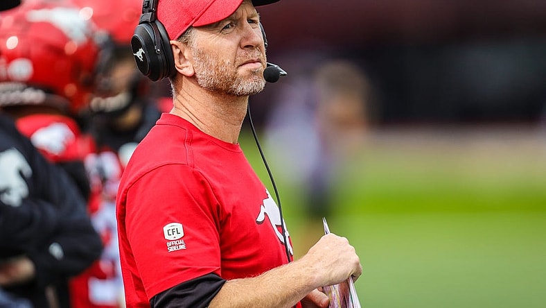 Sep 14, 2019; Calgary, Alberta, CAN; Calgary Stampeders head coach Dave Dickenson looks on from the sideline against the Hamilton Tiger-Cats in the first half during a Canadian Football League game at McMahon Stadium. Mandatory Credit: Sergei Belski-USA TODAY Sports