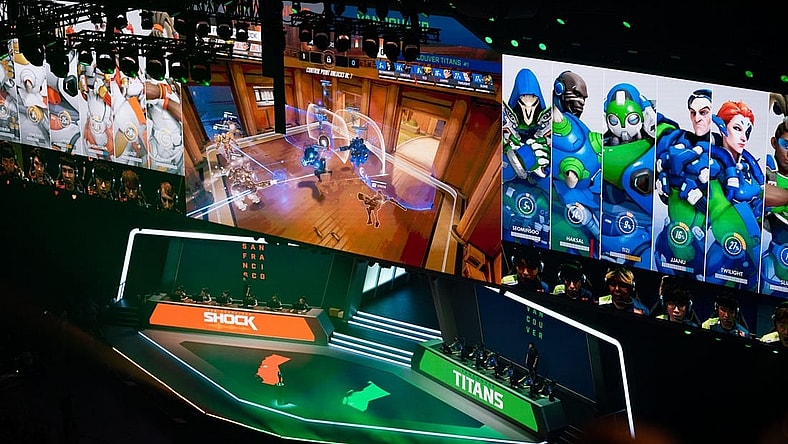 Sep 29, 2019; Philadelphia, PA, USA; General view of game play during the Overwatch League Grand Finals e-sports event between the Vancouver Titans and San Francisco Shock at Wells Fargo Center. Mandatory Credit: Bill Streicher-USA TODAY Sports