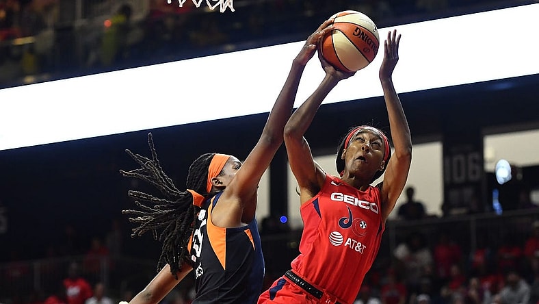 Oct 1, 2019; Washington, DC, USA; Connecticut Sun forward Jonquel Jones (35) blocks the shot by Washington Mystics guard Shatori Walker-Kimbrough (32) during the second quarter in game two of the 2019 WNBA Finals at The Entertainment and Sports Arena. Mandatory Credit: Brad Mills-USA TODAY Sports