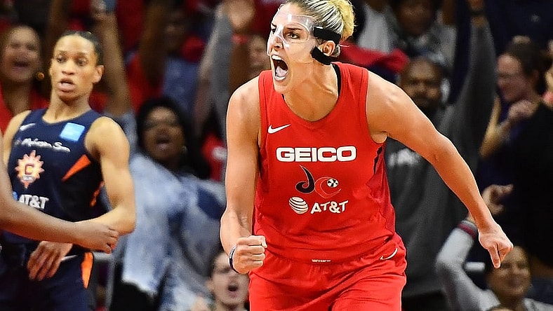 Oct 10, 2019; Washington, DC, USA; Washington Mystics forward Elena Delle Donne (11) reacts against the Connecticut Sun during the fourth quarter in game five of the 2019 WNBA Finals at Entertainment and Sports Ar. Mandatory Credit: Brad Mills-USA TODAY Sports