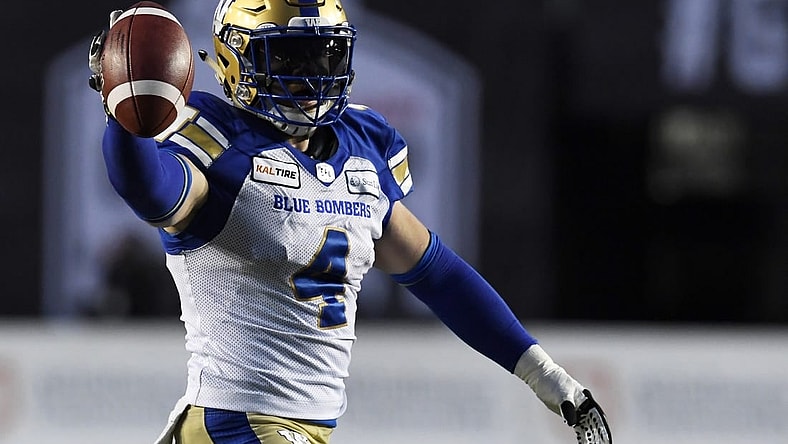 Nov 24, 2019; Calgary, Alberta, CAN; Winnipeg Blue Bombers linebacker Adam Bighill (4) celebrates after recovering a fumble against the Winnipeg Blue Bombers in the first half during the 107th Grey Cup championship football game at McMahon Stadium. Mandatory Credit: Eric Bolte-USA TODAY Sports