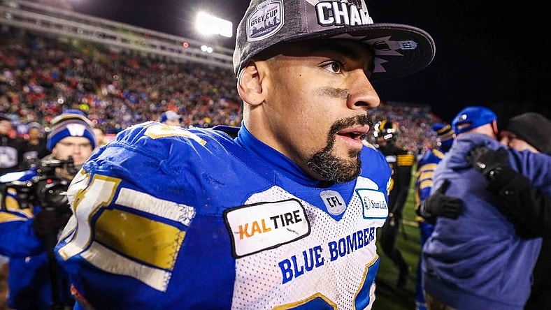 Nov 24, 2019; Calgary, Alberta, CAN; Winnipeg Blue Bombers running back Andrew Harris (33) reacts after the game against the Hamilton Tiger-Cats during the 107th Grey Cup championship football game at McMahon Stadium. Mandatory Credit: Sergei Belski-USA TODAY Sports