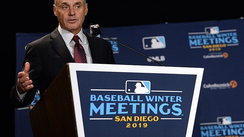 Dec 10, 2019; San Diego, CA, USA; MLB commissioner Rob Manfred speaks to the media before announcing the All-MLB team during the MLB Winter Meetings at Manchester Grand Hyatt. Mandatory Credit: Orlando Ramirez-USA TODAY Sport