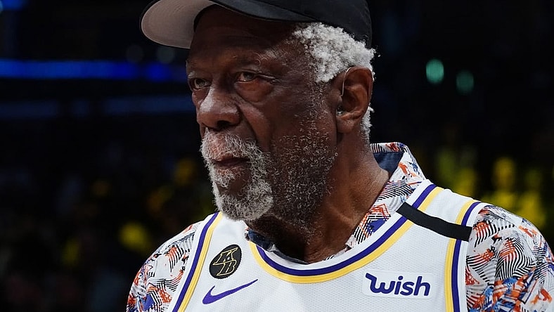 Feb 23, 2020; Los Angeles, California, USA; Bill Russell wears a Los Angeles Lakers jersey of Kobe Bryant (24) during the game against the Boston Celtics at Staples Center. Mandatory Credit: Kirby Lee-USA TODAY Sports