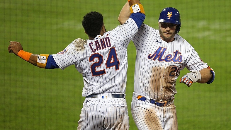Sep 9, 2020; New York City, New York, USA; New York Mets designated hitter Pete Alonso (20) celebrates his solo go ahead home run against the Baltimore Orioles with second baseman Robinson Cano (24) during the eighth inning at Citi Field. Mandatory Credit: Brad Penner-USA TODAY Sports