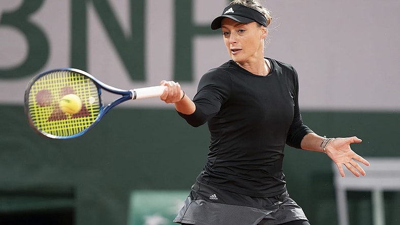 Oct 1, 2020; Paris, France; Ana Bogdan (ROU) in action during her match against Sofia Kenin (USA) on day five at Stade Roland Garros. Mandatory Credit: Susan Mullane-USA TODAY Sports
