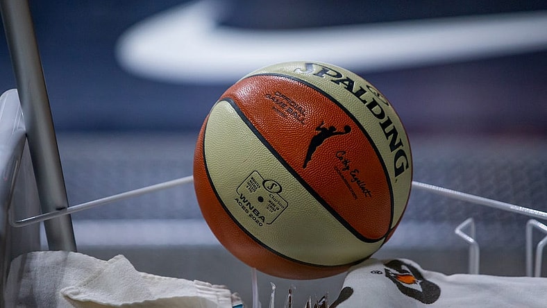 Oct 2, 2020; Bradenton, Florida, USA; A game ball waits on a sanitation cart during game 1 of the WNBA finals between the Las Vegas Aces and the Seattle Storm at IMG Academy. Mandatory Credit: Mary Holt-USA TODAY Sports