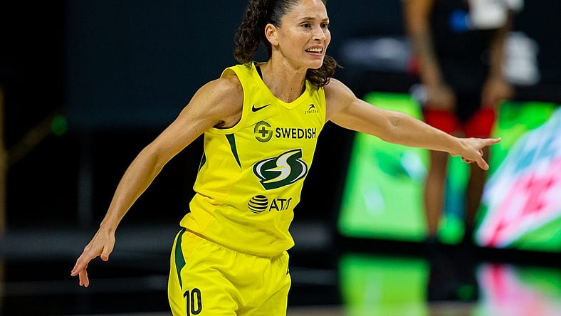 Oct 2, 2020; Bradenton, Florida, USA; Seattle Storm guard Sue Bird (10) directs the defense during game 1 of the WNBA finals against the Las Vegas Aces at IMG Academy. Mandatory Credit: Mary Holt-USA TODAY Sports