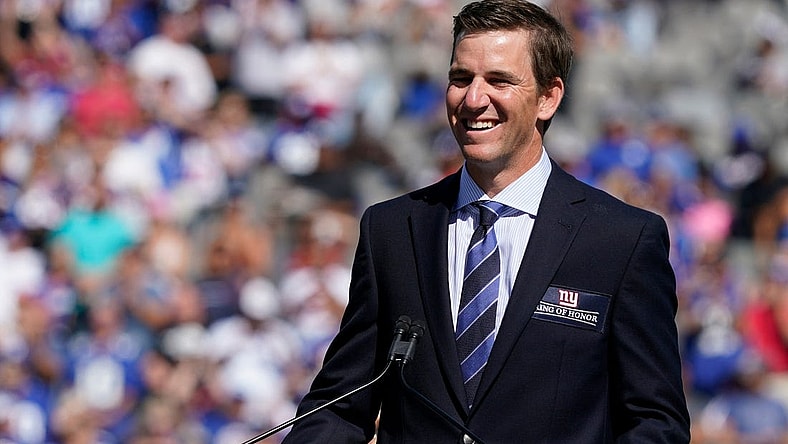 Sep 26, 2021; E. Rutherford, N.J., USA;  New York Giants former quarterback Eli Manning is honored at halftime of the game between Atlanta Falcons and the Giants at MetLife Stadium. Mandatory Credit: Robert Deutsch-USA TODAY Sports