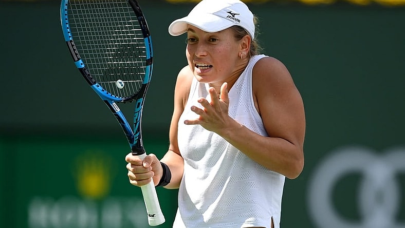 Oct 6, 2021; Indian Wells, CA, USA; Yulia Putintseva (KAZ) during her first round match as she defeated Andrea Petkovic (not pictured) during the BNP Paribas Open at the Indian Wells Tennis Garden. Mandatory Credit: Jayne Kamin-Oncea-USA TODAY Sports