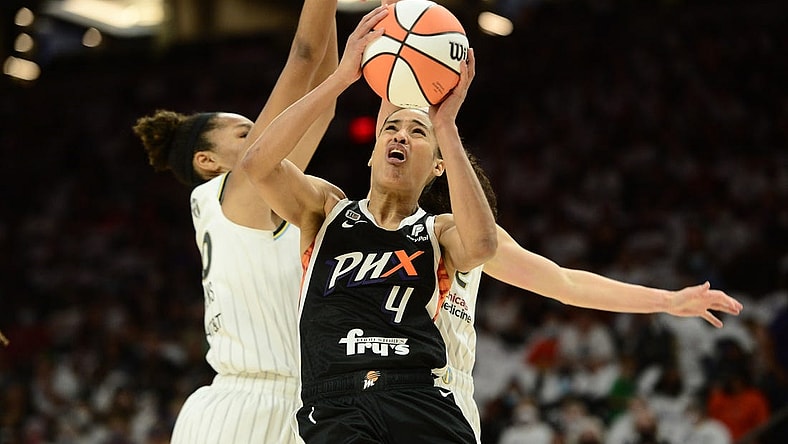 Oct 10, 2021; Phoenix, Arizona, USA; Phoenix Mercury guard Skylar Diggins-Smith (4) shoots against the Chicago Sky during the first half of game one of the 2021 WNBA Finals at Footprint Center. Mandatory Credit: Joe Camporeale-USA TODAY Sports