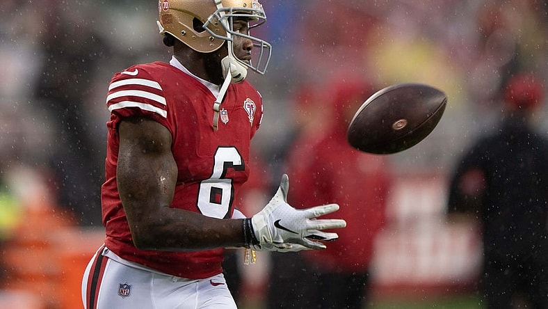 Oct 24, 2021; Santa Clara, California, USA;  San Francisco 49ers wide receiver Mohamed Sanu (6) catches the ball during warmups before the start of the game against the Indianapolis Colts at Levi's Stadium. Mandatory Credit: Stan Szeto-USA TODAY Sports