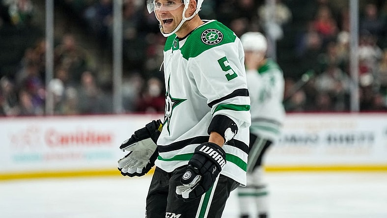 Nov 18, 2021; Saint Paul, Minnesota, USA; Dallas Stars defenseman Andrej Sekera (5) argues a penalty during the second period against the Minnesota Wild at Xcel Energy Center. Mandatory Credit: Brace Hemmelgarn-USA TODAY Sports