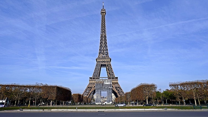 Nov 198, 2021; Paris, France; A view of the Eiffel Tower from the Champ de Mars which will server as the venue for beach volleyball during the Paris 2024 Olympics. Mandatory Credit: Peter Casey-USA TODAY Sports