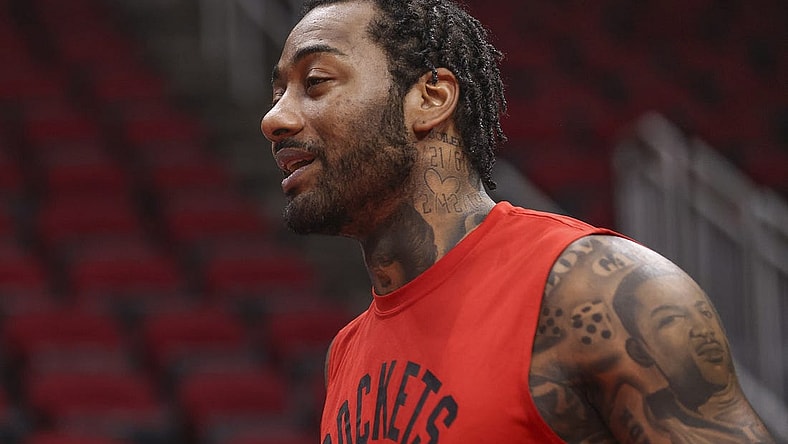 Nov 29, 2021; Houston, Texas, USA;  Houston Rockets guard John Wall (1) warms up before playing against the Oklahoma City Thunder at Toyota Center. Mandatory Credit: Thomas Shea-USA TODAY Sports