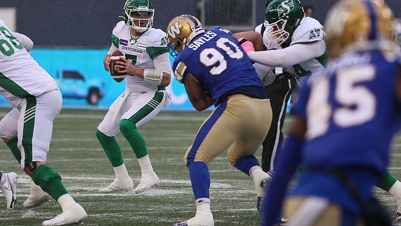 Dec 5, 2021; Winnipeg, Manitoba, CAN; Saskatchewan Roughriders quarterback Cody Fajardo (7) prepares to throw the ball during the Canadian football League Western Conference Final game against the Winnipeg Blue Bombers at IG Field. Mandatory Credit: Bruce Fedyck-USA TODAY Sports