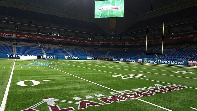 Dec 29, 2021; San Antonio, Texas, USA; A general overall view of the Alamodome logo before the 2021 Alamo Bowl between the Oregon Ducks and the Oklahoma Sooners. Mandatory Credit: Kirby Lee-USA TODAY Sports