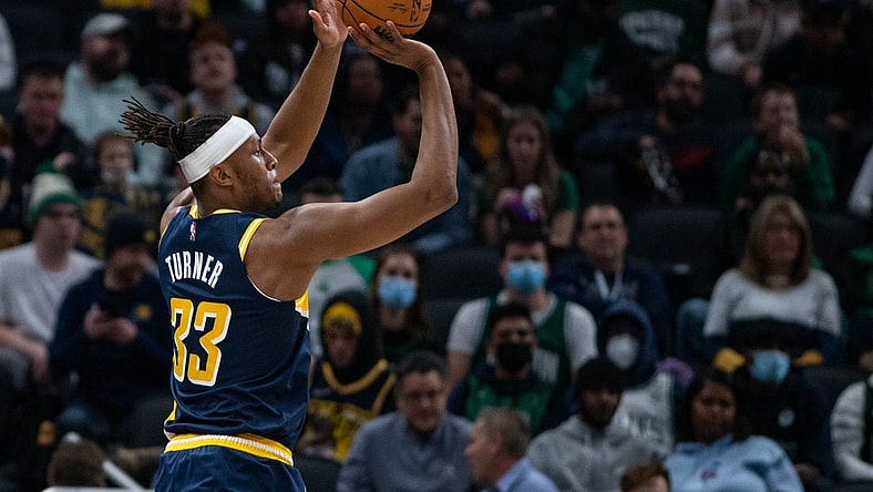 Jan 12, 2022; Indianapolis, Indiana, USA; Indiana Pacers center Myles Turner (33) shoots the ball in the second half against the Boston Celtics at Gainbridge Fieldhouse. Mandatory Credit: Trevor Ruszkowski-USA TODAY Sports