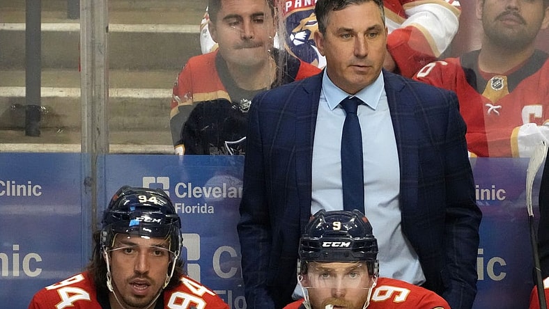 Jan 14, 2022; Sunrise, Florida, USA; Florida Panthers interim head coach Andrew Brunette stands behind the bench during the second period against the Dallas Stars at FLA Live Arena. Mandatory Credit: Jasen Vinlove-USA TODAY Sports