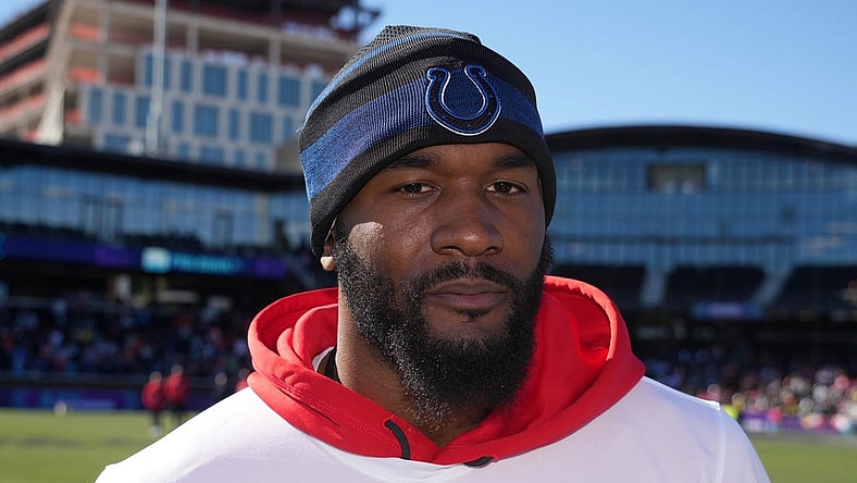 Feb 5, 2022; Las Vegas, NV, USA; Indianapolis Colts linebacker Darius Leonard (53) reacts during AFC practice at the Las Vegas Ballpark. Mandatory Credit: Kirby Lee-USA TODAY Sports