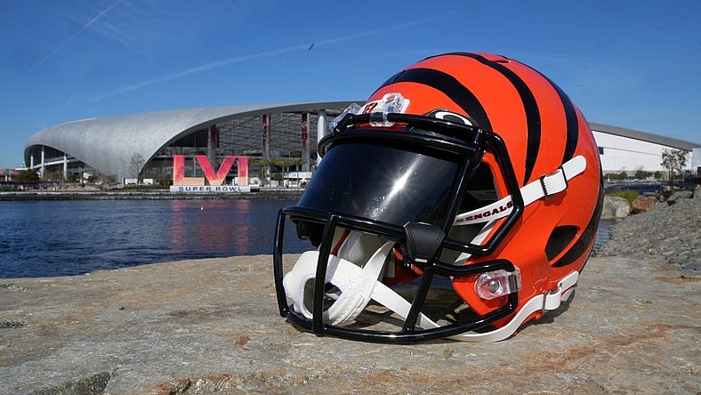 Feb 8, 2022; Inglewood, CA, USA; A Cincinnati Bengals helmet is seen with the Super Bowl LVI numerals at SoFi Stadium. Mandatory Credit: Kirby Lee-USA TODAY Sports