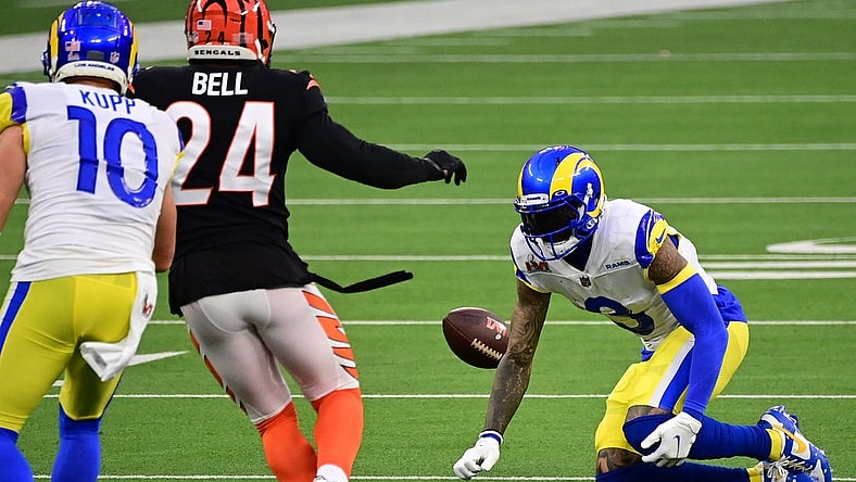 Feb 13, 2022; Inglewood, California, USA; Los Angeles Rams receiver Odell Beckham Jr. (3) grabs his left knee in the second quarter against the Cincinnati Bengals in Super Bowl LVI at SoFi Stadium. Mandatory Credit: Gary A. Vasquez-USA TODAY Sports