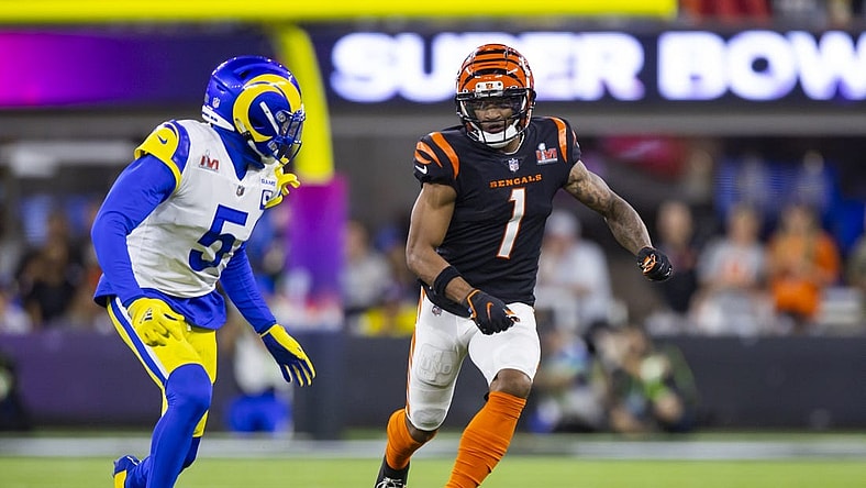 Feb 13, 2022; Inglewood, CA, USA; Los Angeles Rams cornerback Jalen Ramsey (5) defends against Cincinnati Bengals wide receiver Ja'Marr Chase (1) during Super Bowl LVI at SoFi Stadium. Mandatory Credit: Mark J. Rebilas-USA TODAY Sports