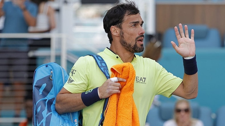Mar 27, 2022; Miami Gardens, FL, USA; Fabio Fognini (ITA) waves to the crowd while leaving the court after his match against Nick Kyrgios (AUS)(not pictured) in a third round men's singles match in the Miami Open at Hard Rock Stadium. Mandatory Credit: Geoff Burke-USA TODAY Sports