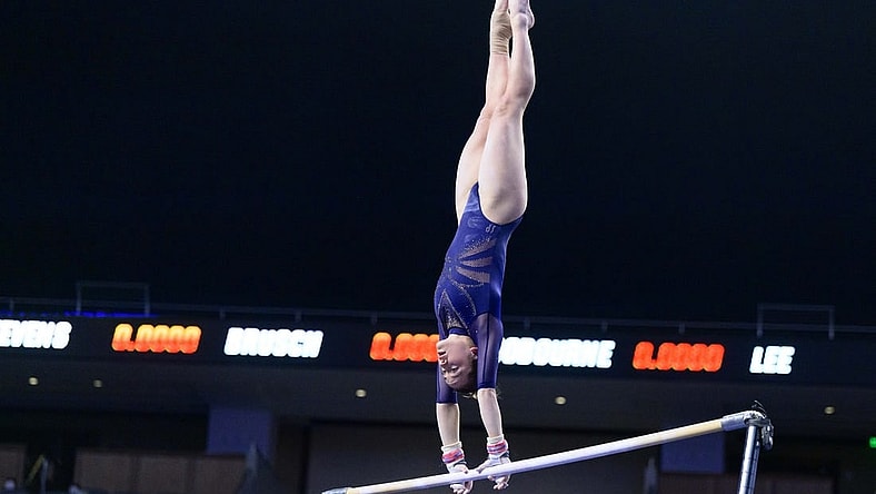 Apr 14, 2022; Fort Worth, TX, USA; UCLA gymnast Norah Flatley during the session two semi finals at Dickies Arena. Mandatory Credit: Jerome Miron-USA TODAY Sports