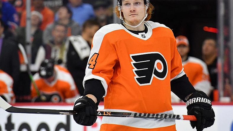 Apr 13, 2022; Philadelphia, Pennsylvania, USA; Philadelphia Flyers right wing Owen Tippett (74) against the New York Rangers at Wells Fargo Center. Mandatory Credit: Eric Hartline-USA TODAY Sports