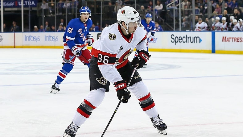 Apr 9, 2022; New York, New York, USA; Ottawa Senators center Colin White (36) controls the puck against New York Rangers during the third period at Madison Square Garden. Mandatory Credit: Tom Horak-USA TODAY Sports