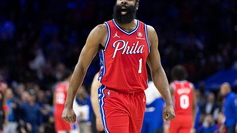 Apr 18, 2022; Philadelphia, Pennsylvania, USA; Philadelphia 76ers guard James Harden (1) reacts after a score against the Toronto Raptors during the first quarter in game two of the first round for the 2022 NBA playoffs at Wells Fargo Center. Mandatory Credit: Bill Streicher-USA TODAY Sports