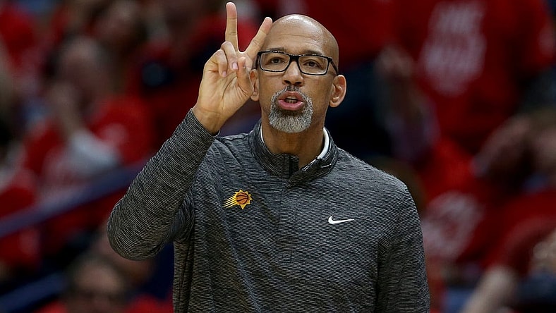 Apr 22, 2022; New Orleans, Louisiana, USA; Phoenix Suns head coach Monty Williams gestures to his players in the second quarter of game three of the first round for the 2022 NBA playoffs at the Smoothie King Center against the New Orleans Pelicans. Mandatory Credit: Chuck Cook-USA TODAY Sports