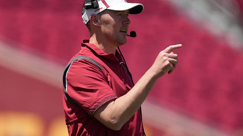 Apr 23, 2022; Los Angeles, CA, USA; Southern California Trojans coach Lincoln Riley during the spring game at the Los Angeles Memorial Coliseum. Mandatory Credit: Kirby Lee-USA TODAY Sports