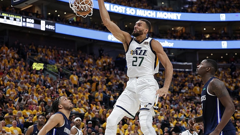 Apr 23, 2022; Salt Lake City, Utah, USA; Utah Jazz center Rudy Gobert (27) dunks the ball against the Dallas Mavericks during the third quarter in game four of the first round for the 2022 NBA playoffs at Vivint Arena. Utah Jazz won 100-00. Mandatory Credit: Chris Nicoll-USA TODAY Sports