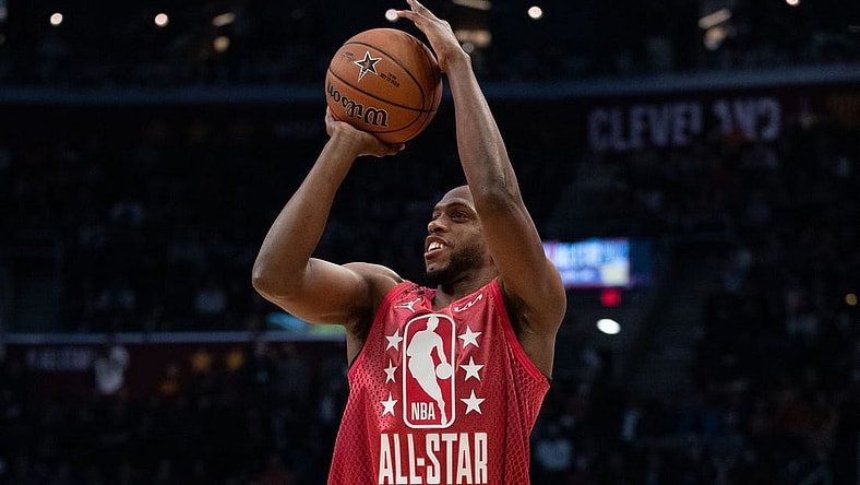 February 20, 2022; Cleveland, Ohio, USA; Team Durant forward Khris Middleton of the Milwaukee Bucks (22) during the second quarter in the 2022 NBA All-Star Game at Rocket Mortgage FieldHouse. Mandatory Credit: Kyle Terada-USA TODAY Sports
