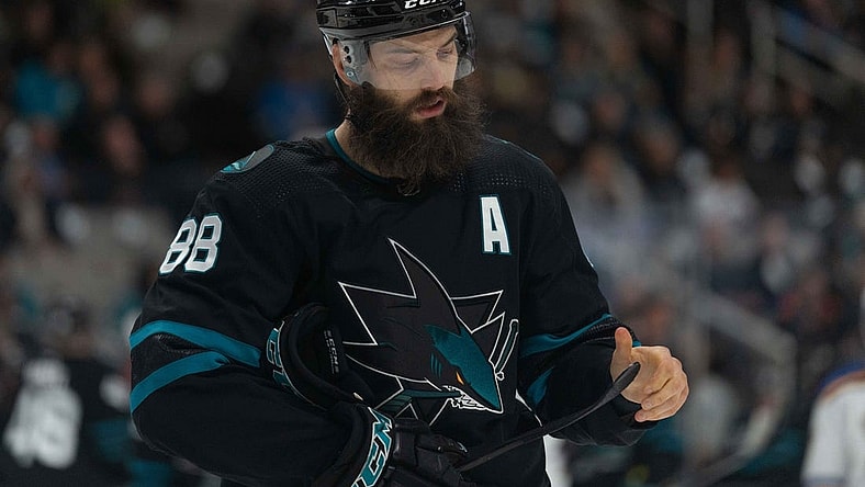 Apr 21, 2022; San Jose, California, USA;  San Jose Sharks defenseman Brent Burns (88) during the first period against the St. Louis Blues at SAP Center at San Jose. Mandatory Credit: Stan Szeto-USA TODAY Sports