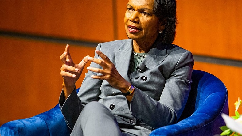 Former U.S. Secretary of State  Condoleezza Rice talks with Notre Dame President Rev. John Jenkins during the ""A Conversation With: Condoleezza Rice" event Thursday, April 28, 2022 at the Mendoza College of Business on campus at Notre Dame in South Bend.

A Conversation With Condoleezza Rice
