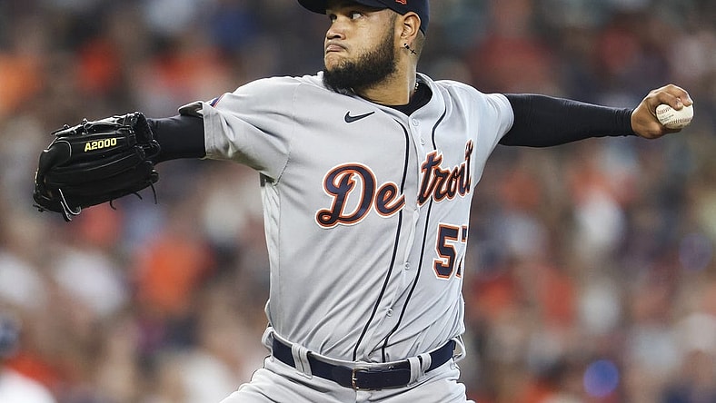 May 7, 2022; Houston, Texas, USA;  Detroit Tigers starting pitcher Eduardo Rodriguez (57) pitches against the Houston Astros in the first inning at Minute Maid Park. Mandatory Credit: Thomas Shea-USA TODAY Sports