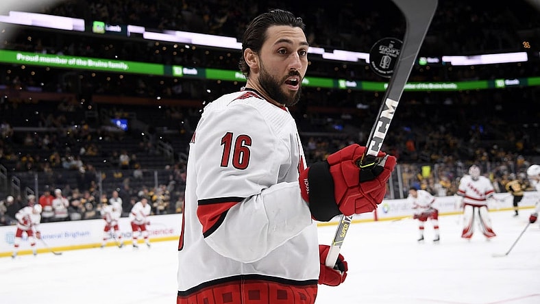 May 8, 2022; Boston, Massachusetts, USA; Carolina Hurricanes center Vincent Trocheck (16) juggles the puck with his stick during warmups prior to game four of the first round of the 2022 Stanley Cup Playoffs against the Boston Bruins at TD Garden. Mandatory Credit: Bob DeChiara-USA TODAY Sports