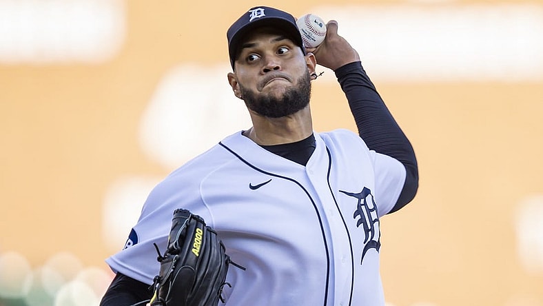 May 13, 2022; Detroit, Michigan, USA; Detroit Tigers starting pitcher Eduardo Rodriguez (57) pitches during the first inning against the Baltimore Orioles at Comerica Park. Mandatory Credit: Raj Mehta-USA TODAY Sports