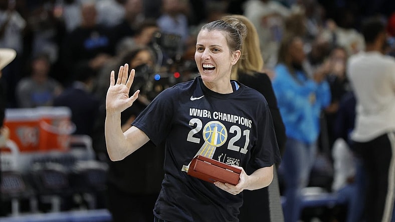 May 24, 2022; Chicago, Illinois, USA; Chicago Sky guard Allie Quigley smiles after receiving a championship during a championship ring ceremony for the Chicago Sky before a WNBA basketball game against the Indiana Fever at Wintrust Arena. Mandatory Credit: Kamil Krzaczynski-USA TODAY Sports