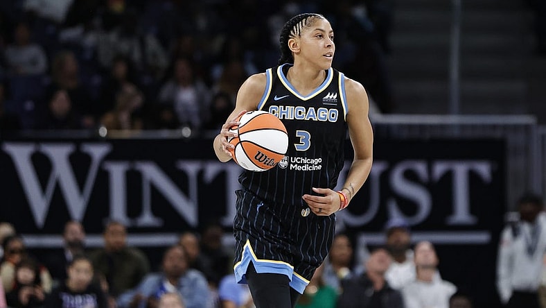 May 24, 2022; Chicago, Illinois, USA; Chicago Sky forward Candace Parker (3) brings the ball up court against the Indiana Fever during the first half at Wintrust Arena. Mandatory Credit: Kamil Krzaczynski-USA TODAY Sports