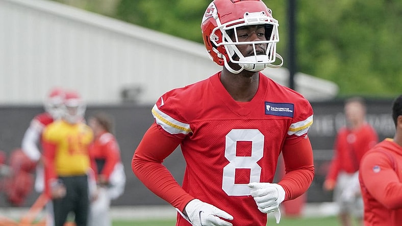 May 26, 2022; Kansas City, MO, USA; Kansas City Chiefs wide receiver Justyn Ross (8) runs drills during organized team activities at The University of Kansas Health System Training Complex. Mandatory Credit: Denny Medley-USA TODAY Sports
