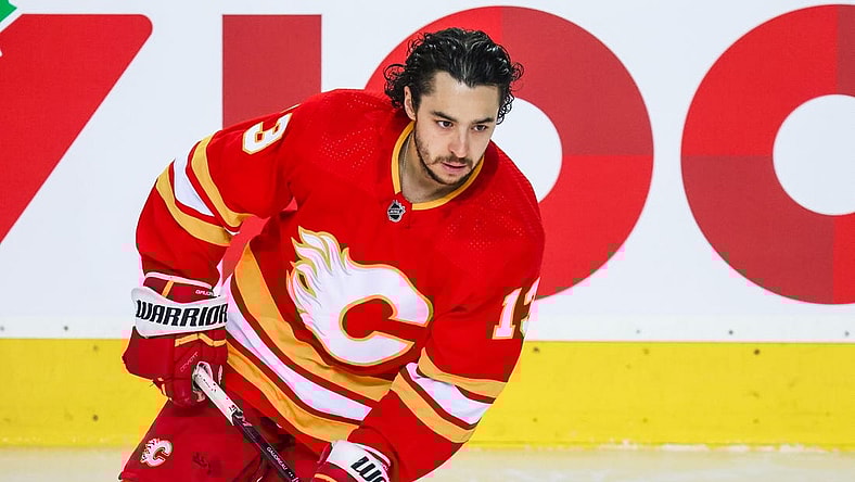 May 26, 2022; Calgary, Alberta, CAN; Calgary Flames left wing Johnny Gaudreau (13) skates during the warmup period against the Edmonton Oilers in game five of the second round of the 2022 Stanley Cup Playoffs at Scotiabank Saddledome. Mandatory Credit: Sergei Belski-USA TODAY Sports
