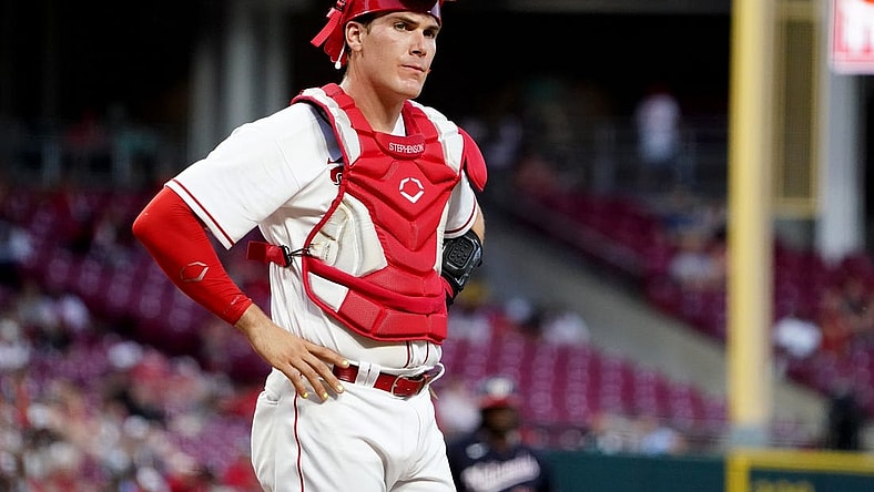 Cincinnati Reds catcher Tyler Stephenson (37) looks toward the dugout during a pitching change in the seventh inning of a baseball game against the Washington Nationals, Friday, June 3, 2022, at Great American Ball Park in Cincinnati. The Washington Nationals won, 8-5.

Washington Nationals At Cincinnati Reds June 3 0030