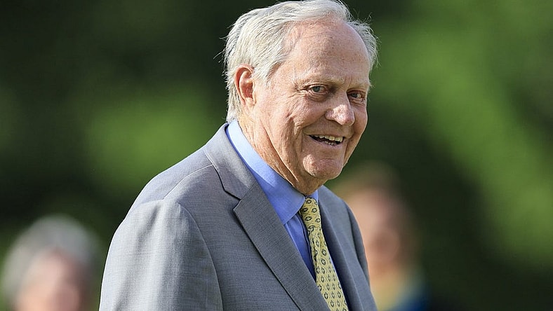 Jun 5, 2022; Dublin, Ohio, USA; Jack Nicklaus smiles as he stands on the 18th green after the Memorial Tournament. Mandatory Credit: Aaron Doster-USA TODAY Sports